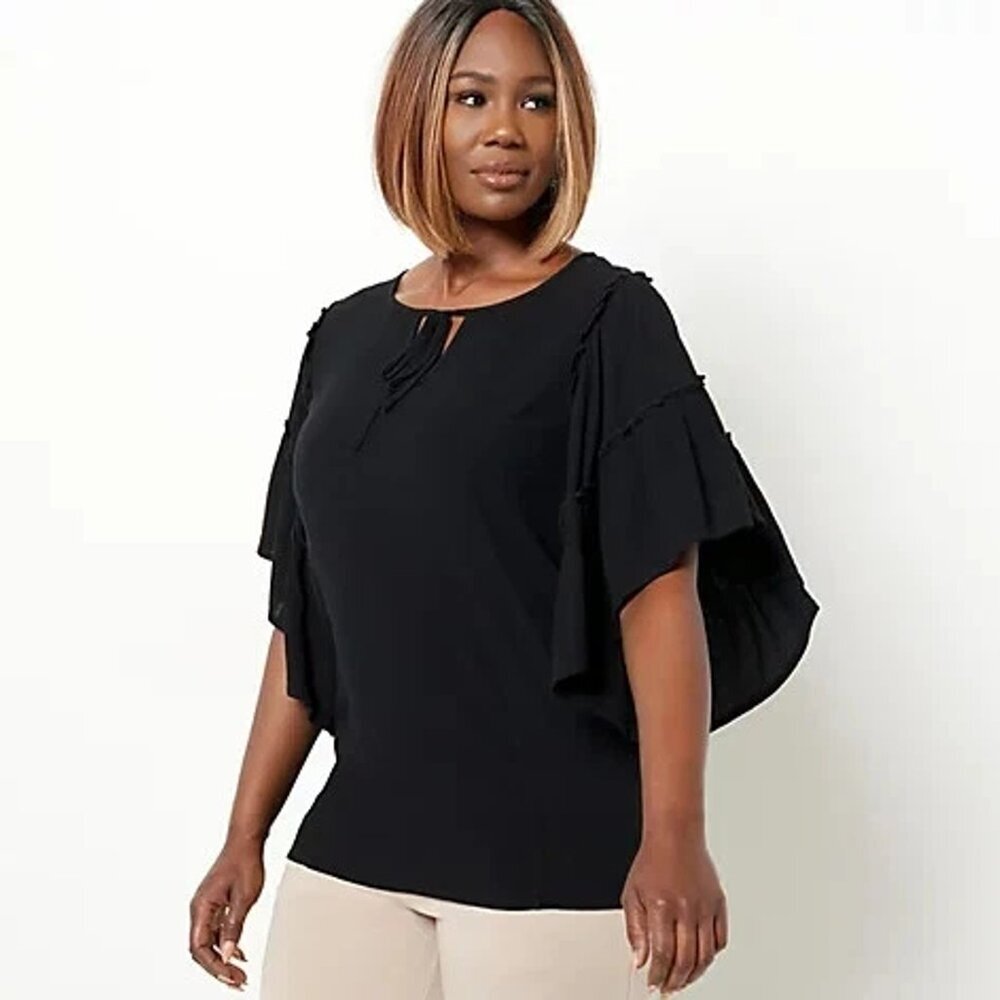 New Susan Graver Rayon Crepe Flutter Sleeve Black Tunic A487747 Size S